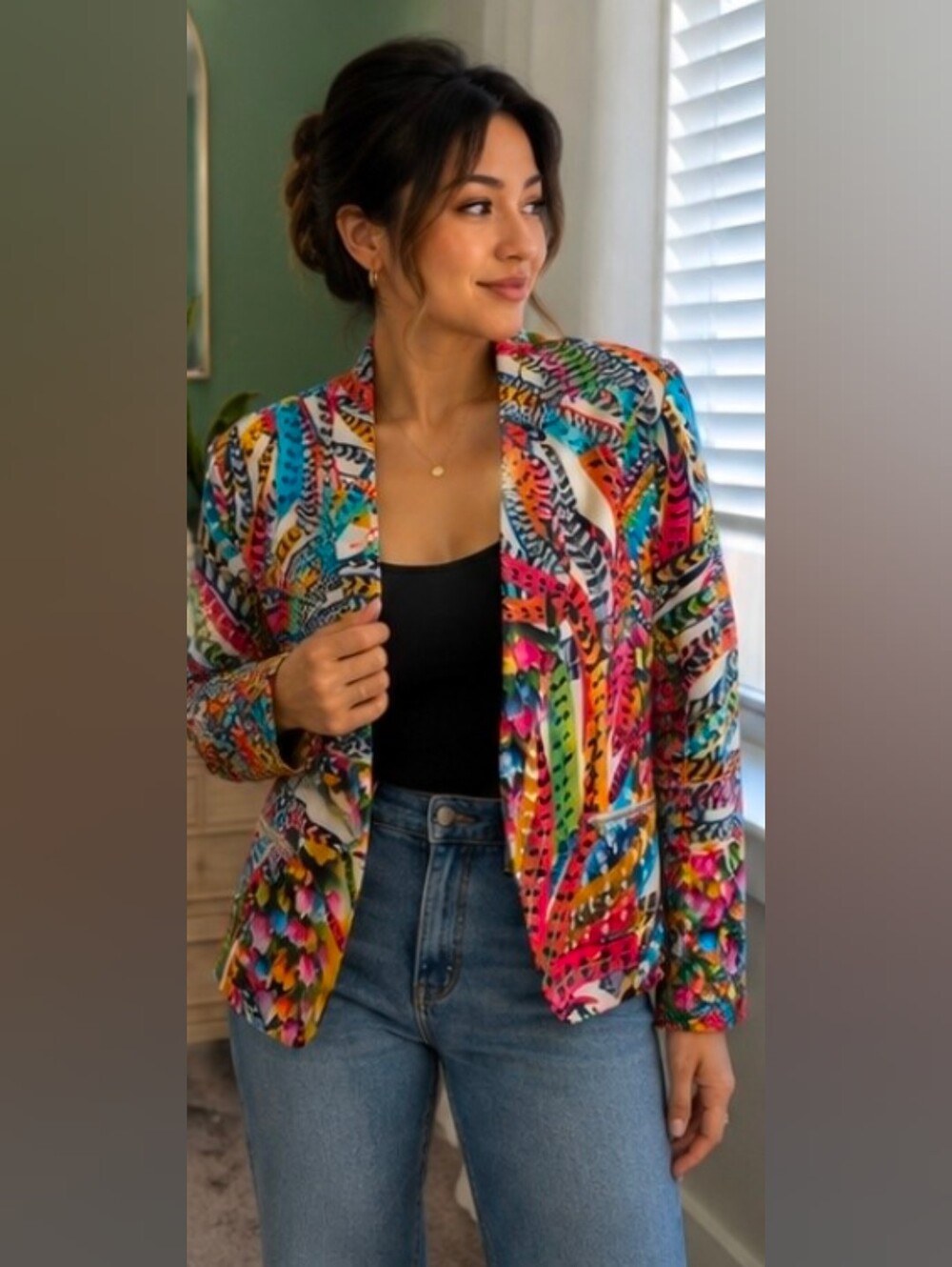 a'gaci Multicolor Feather-Print Open Front Blazer. Size Medium